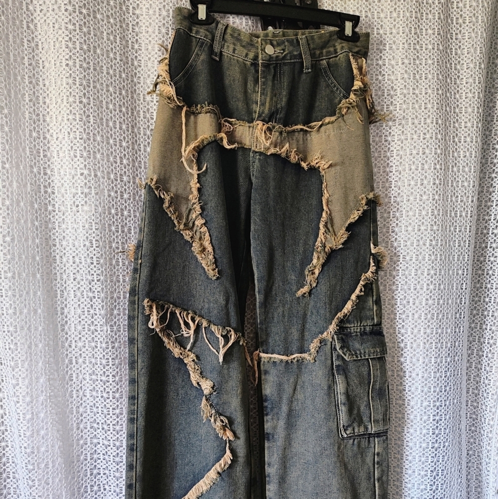 ROMWE Black Flare Wide Leg Jeans Artistic Design